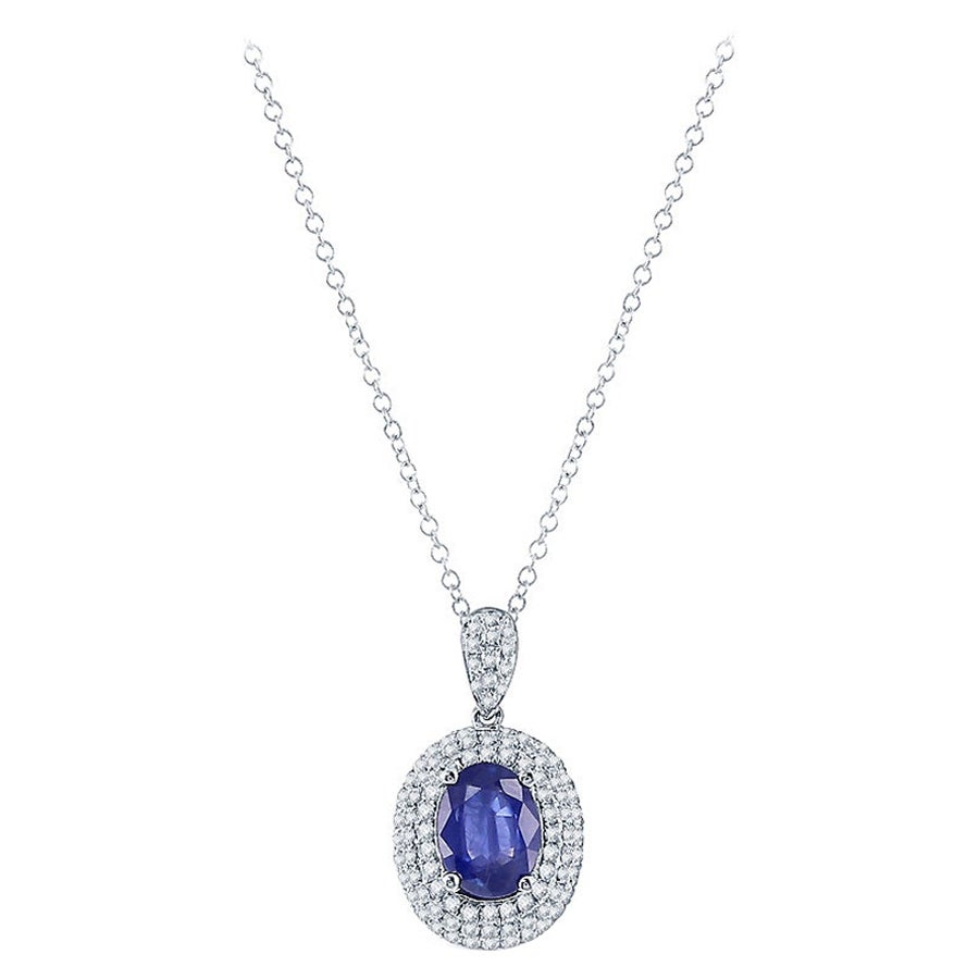 1.00 Carat Oval Cut Sapphire and Diamond Pendant in 18K White Gold For Sale