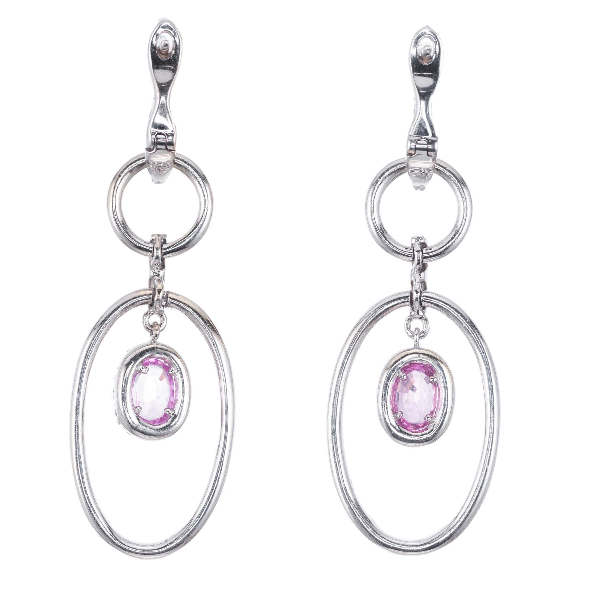 Oval Cut 1.00 Carat Oval Pink Sapphire Diamond Gold Dangle Earrings For Sale