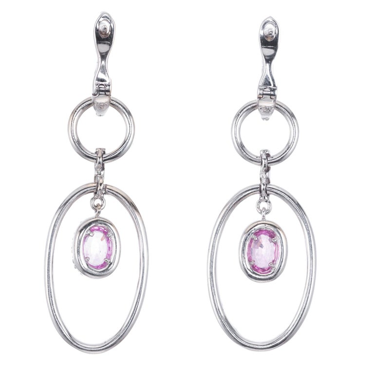 1.00 Carat Oval Pink Sapphire Diamond Gold Dangle Earrings For Sale at ...