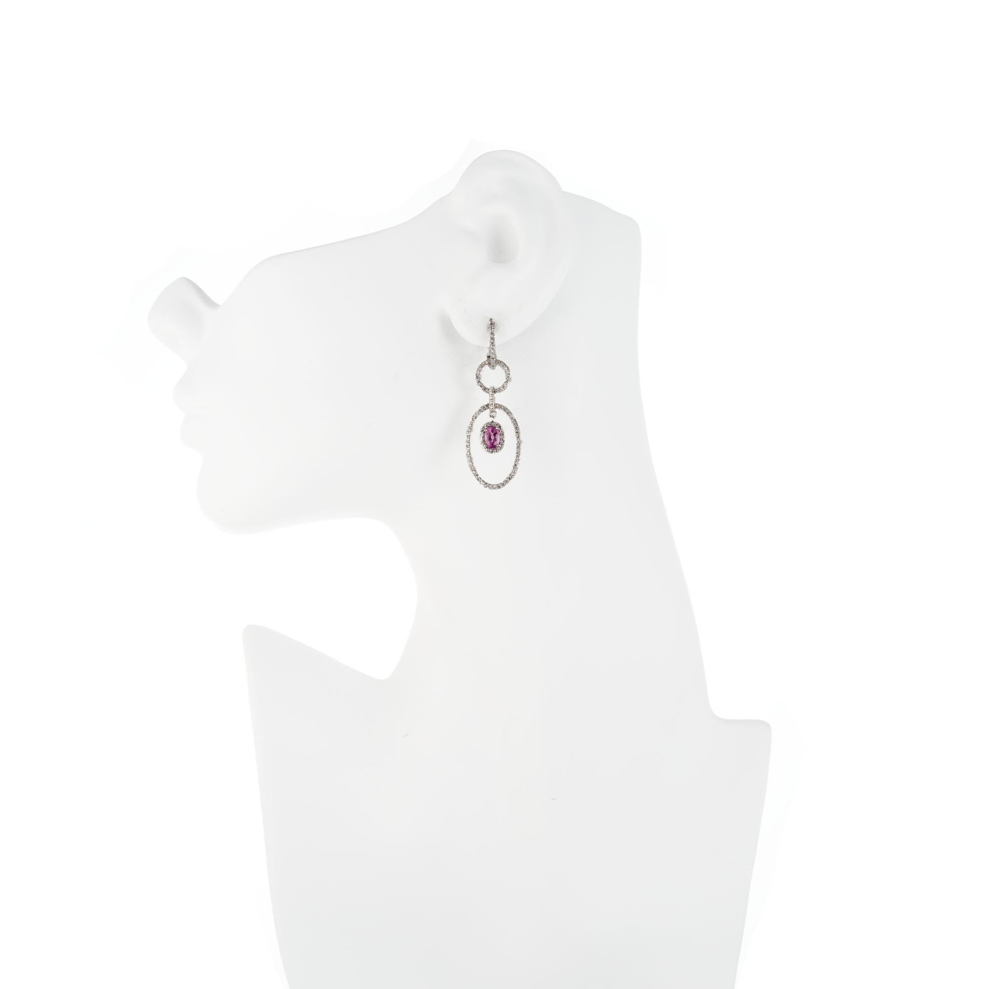 Women's 1.00 Carat Oval Pink Sapphire Diamond Gold Dangle Earrings For Sale