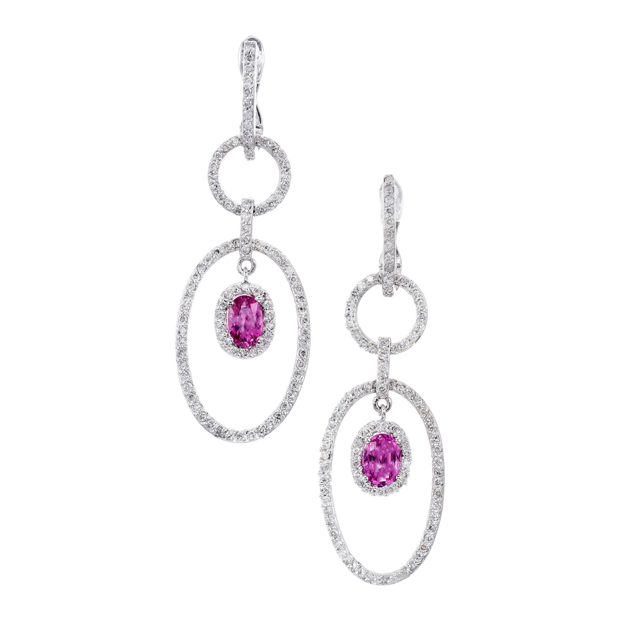 1.00 Carat Oval Pink Sapphire Diamond Gold Dangle Earrings For Sale