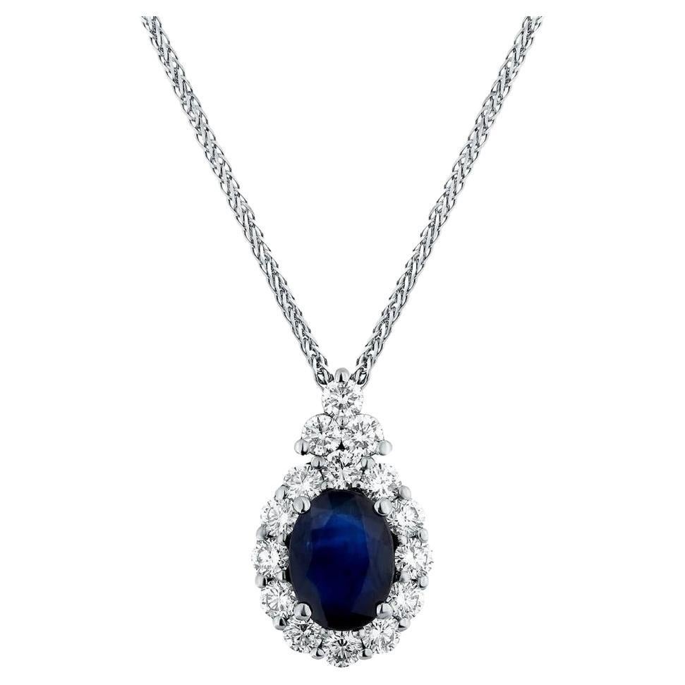 1.00 Carat Oval Sapphire and 0.70 Carat Diamond Necklace in 14K White Gold For Sale