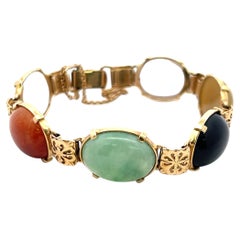 1.00 Carat Oval Shape Jade 18 Karat Yellow Gold Link Bracelet