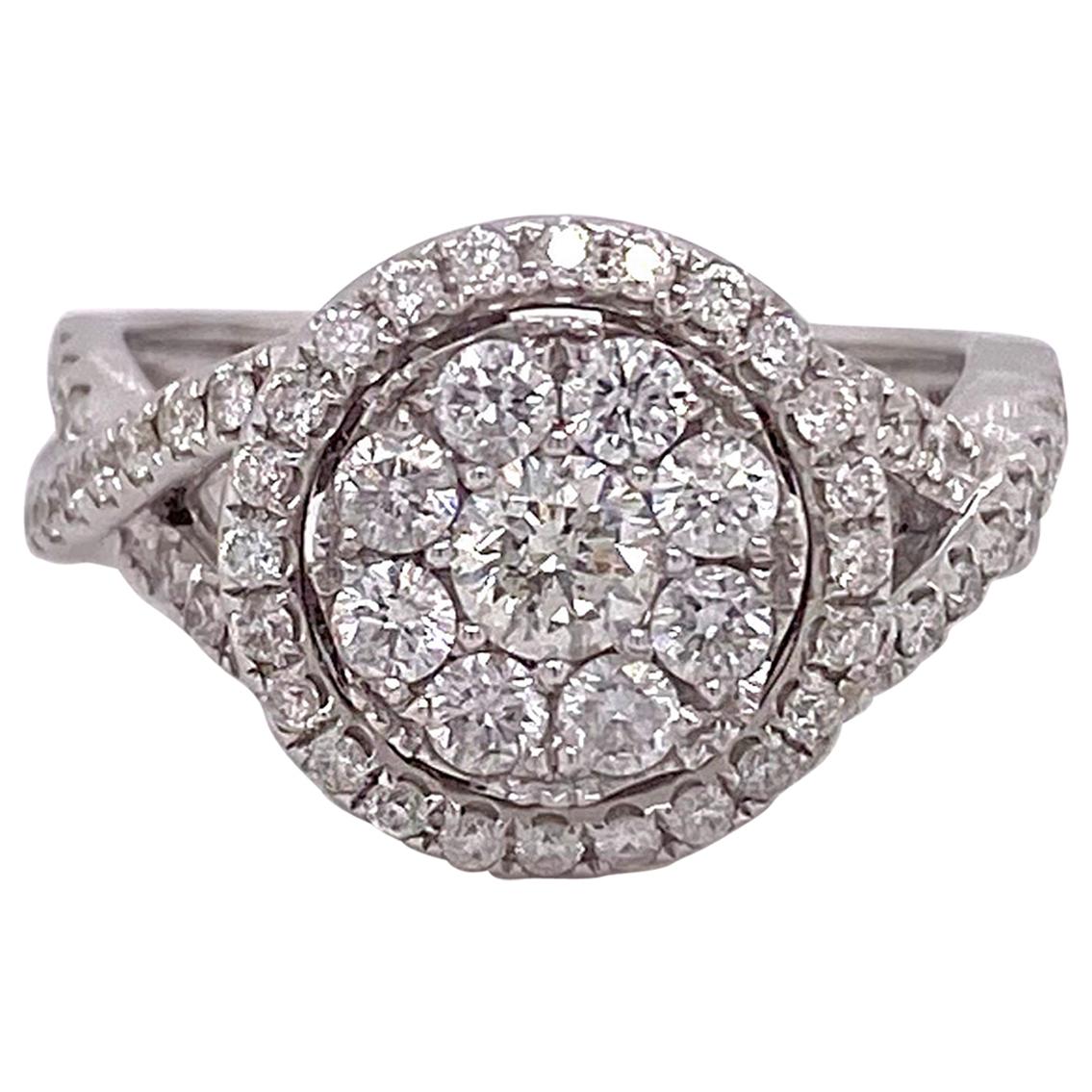 1.00 Carat Pave Diamond and Halo Diamond Engagement Ring in 14 Karat White Gold For Sale