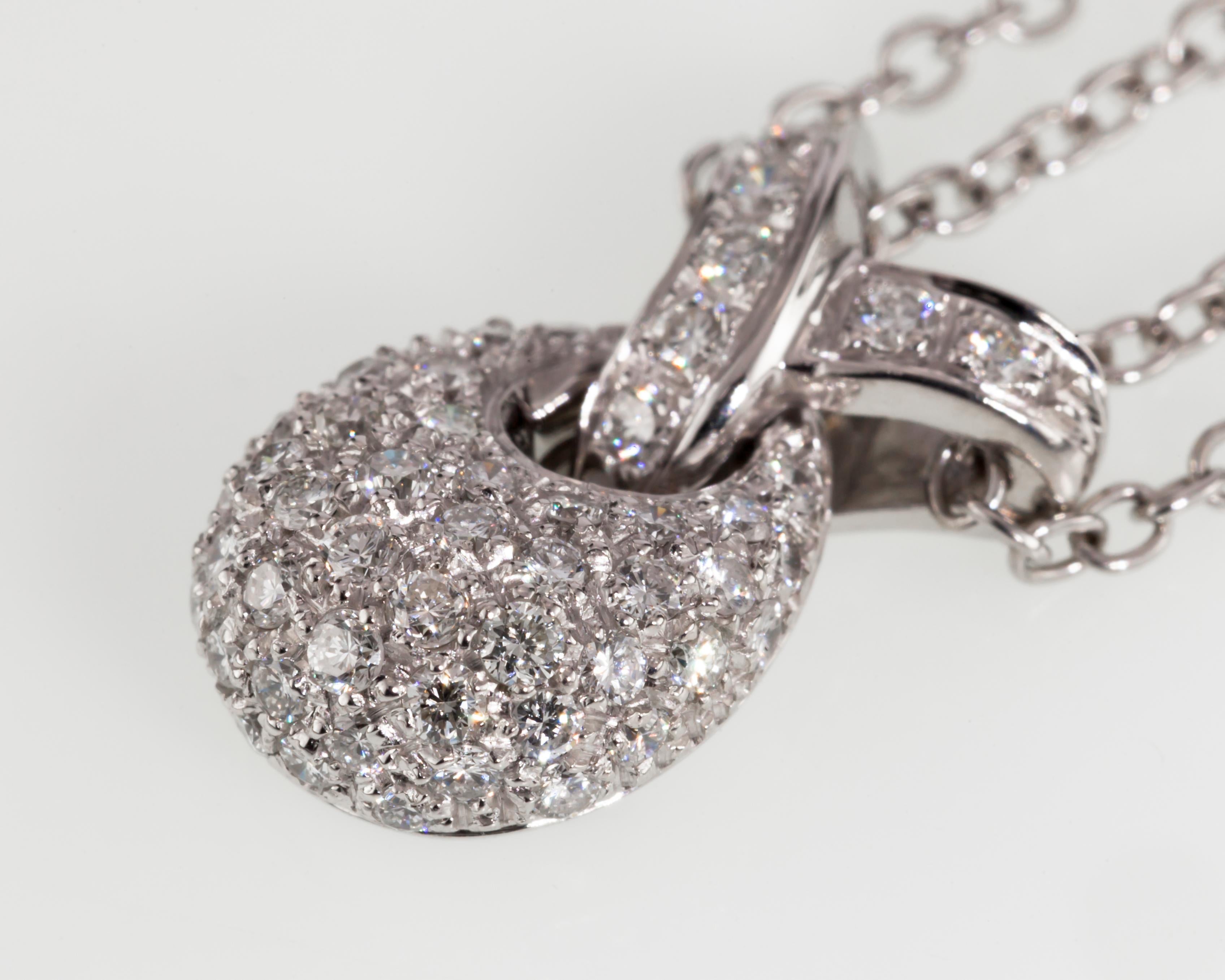 1.00 Carat Pavé Diamond Drop Pendant with Double Chain in 18 Karat White Gold For Sale 5