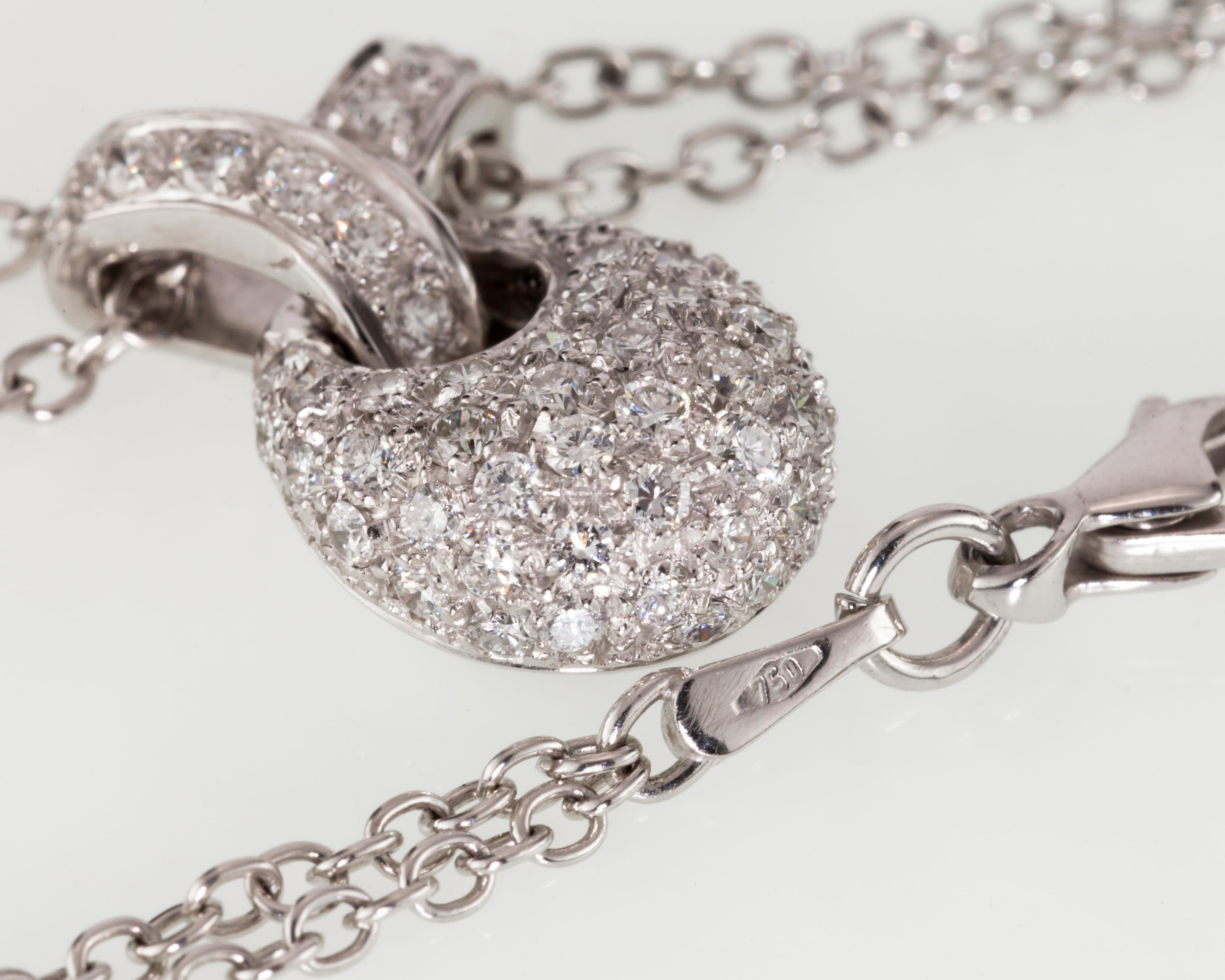 1.00 Carat Pavé Diamond Drop Pendant with Double Chain in 18 Karat White Gold For Sale 6