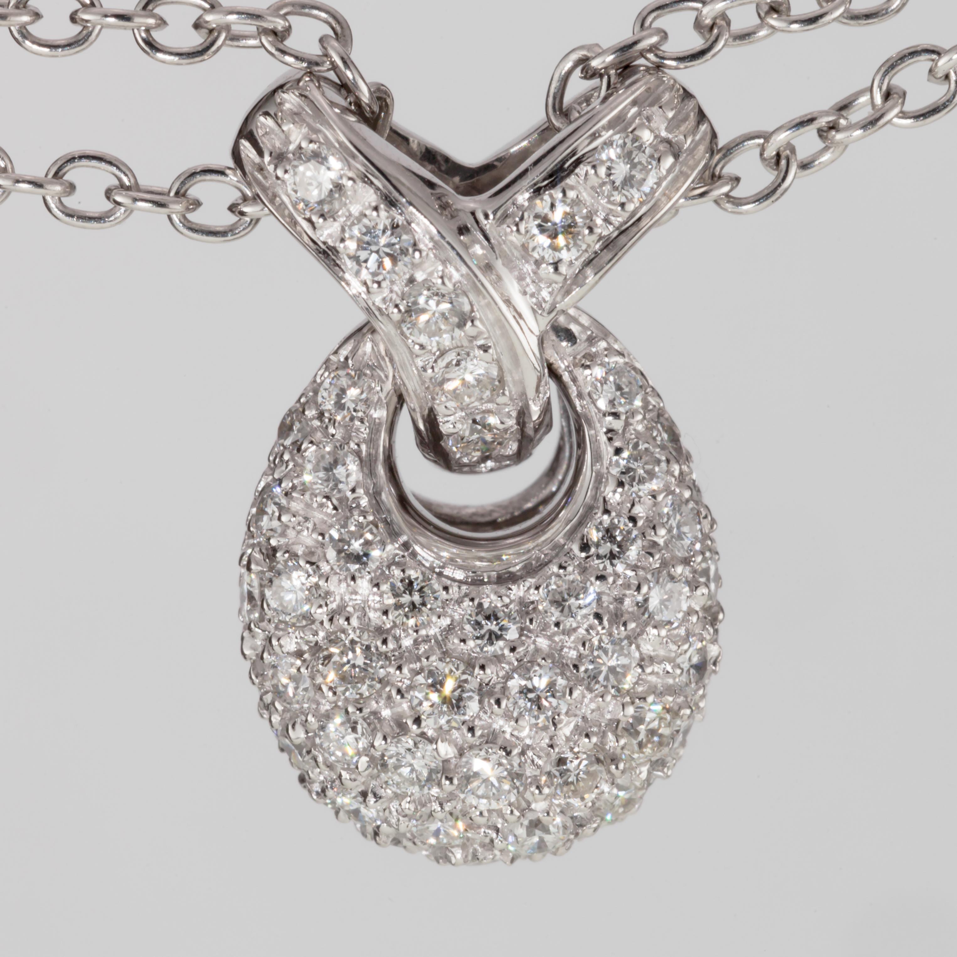 1.00 Carat Pavé Diamond Drop Pendant with Double Chain in 18 Karat White Gold For Sale 7