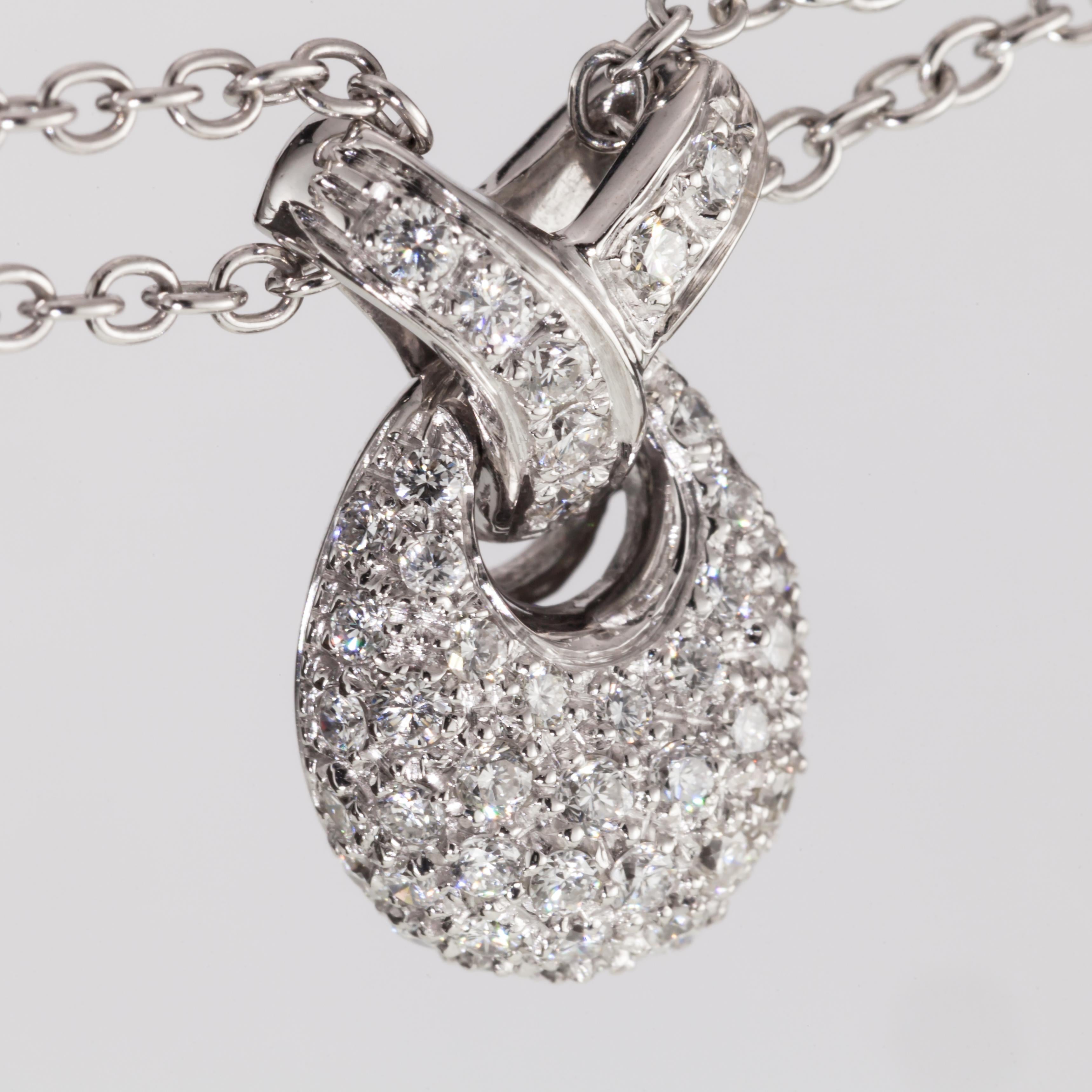 1.00 Carat Pavé Diamond Drop Pendant with Double Chain in 18 Karat White Gold For Sale 8
