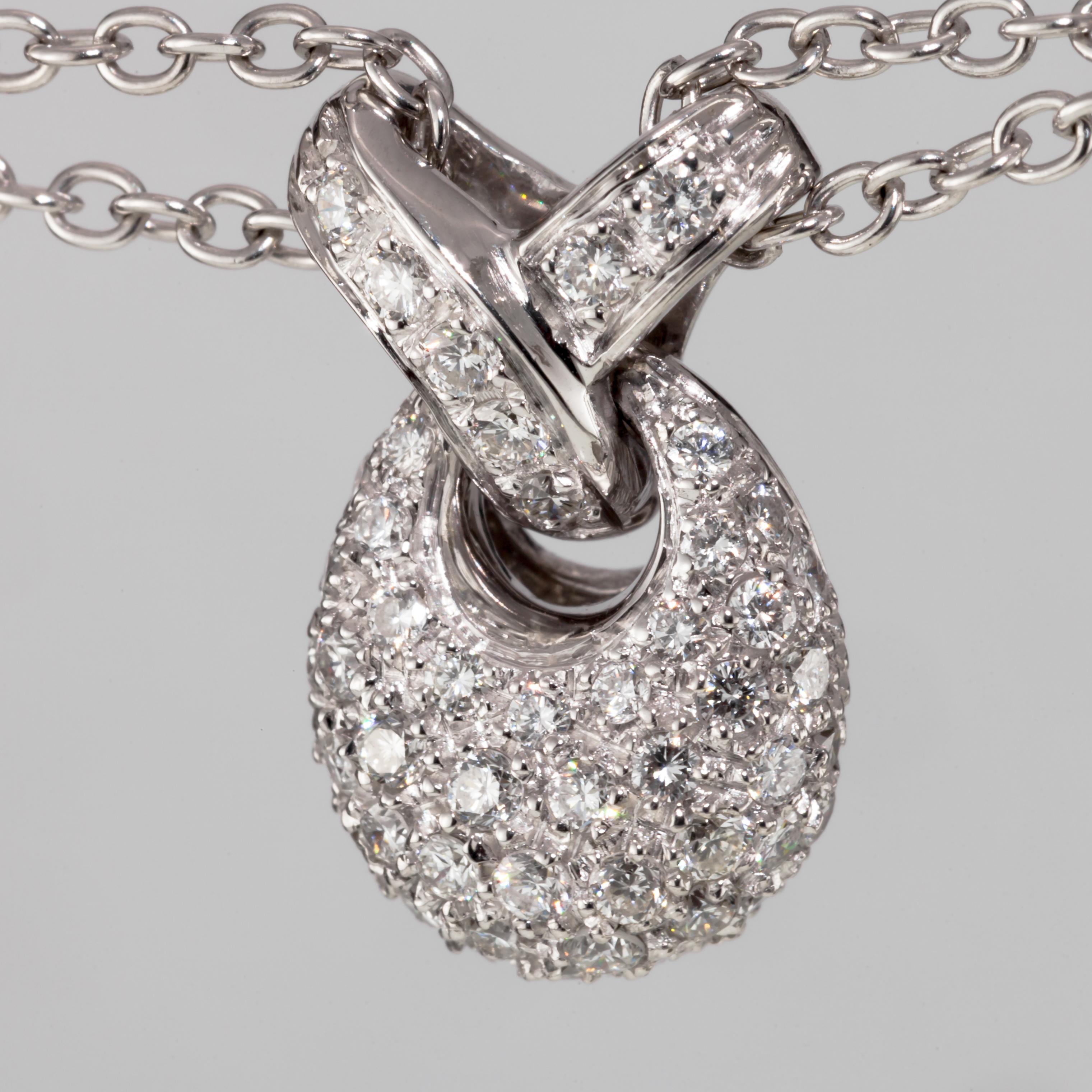 1.00 Carat Pavé Diamond Drop Pendant with Double Chain in 18 Karat White Gold For Sale 9