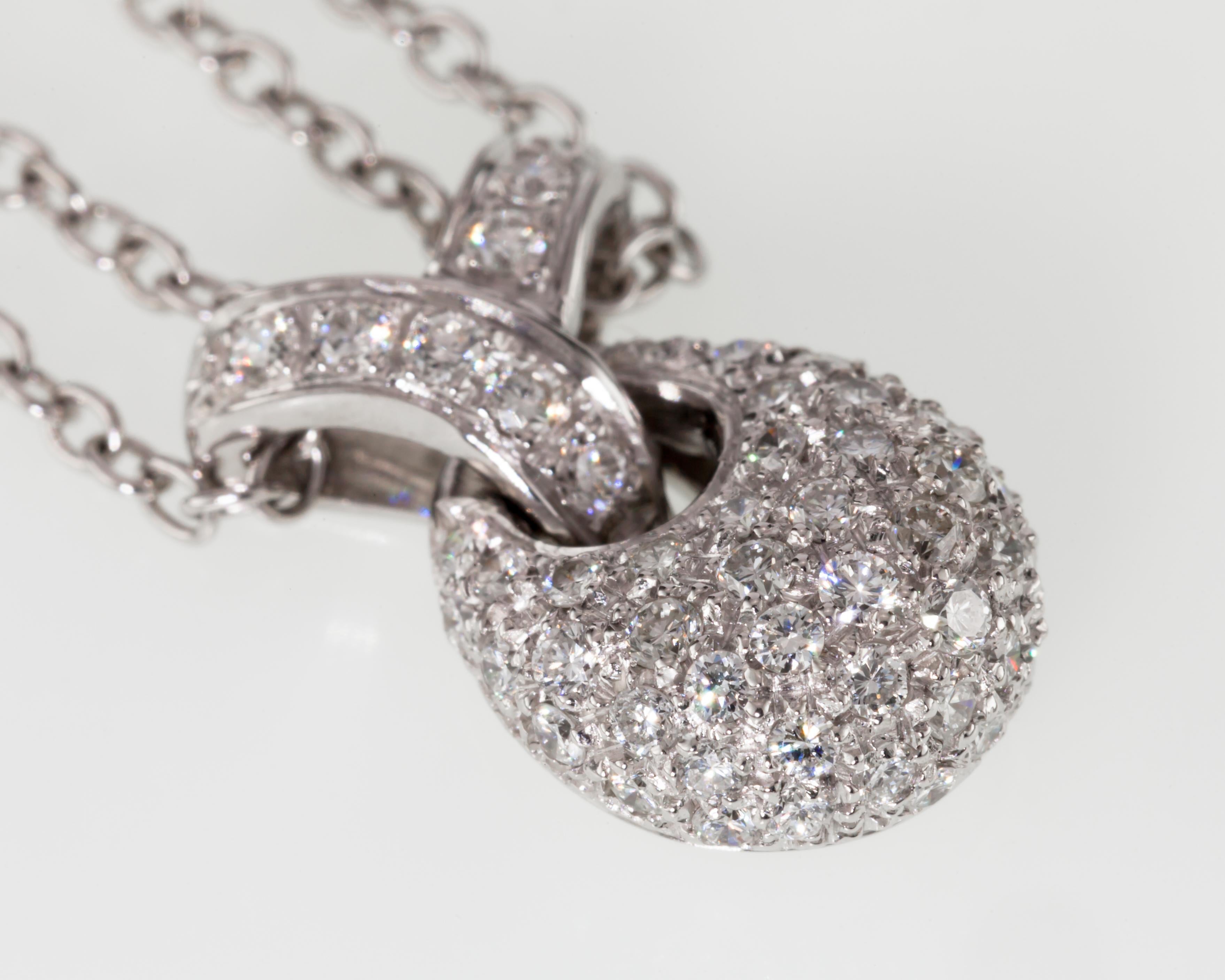 1.00 Carat Pavé Diamond Drop Pendant with Double Chain in 18 Karat White Gold For Sale 4