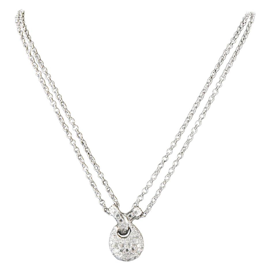 1.00 Carat Pavé Diamond Drop Pendant with Double Chain in 18 Karat White Gold For Sale