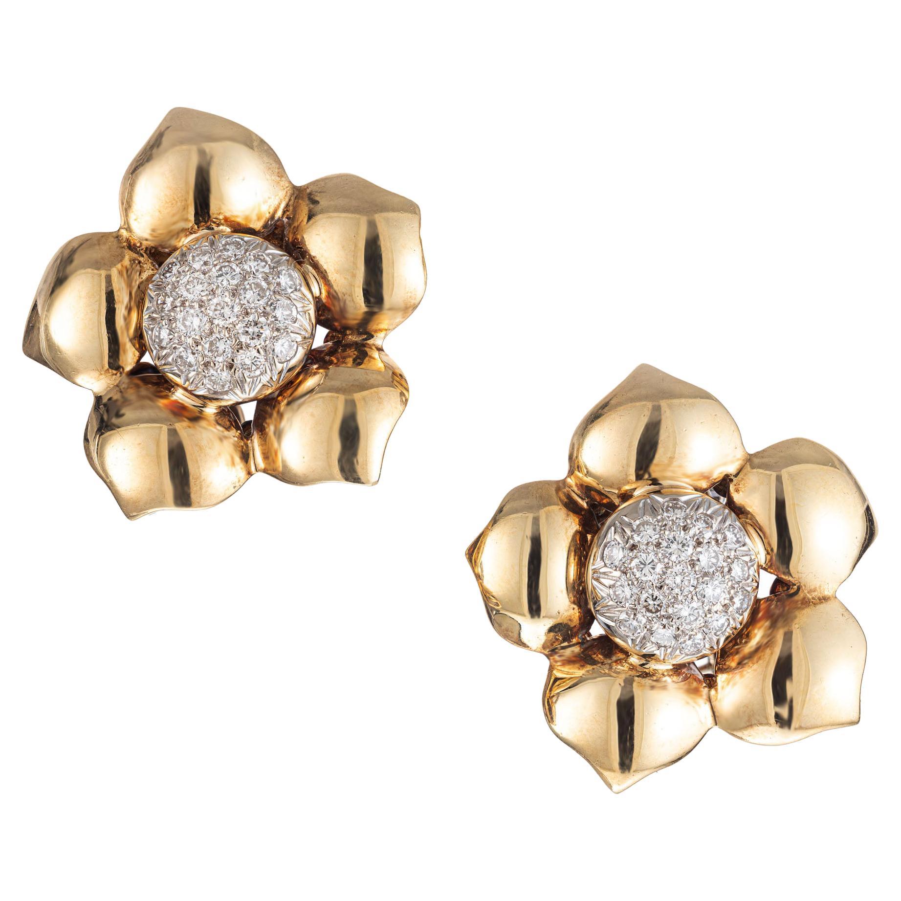 1.00 Carat Pave Diamond Gold Button Flower Style Earrings