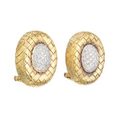 1.00 Carat Pave Round Diamond Gold Oval Button Lever Back Earrings