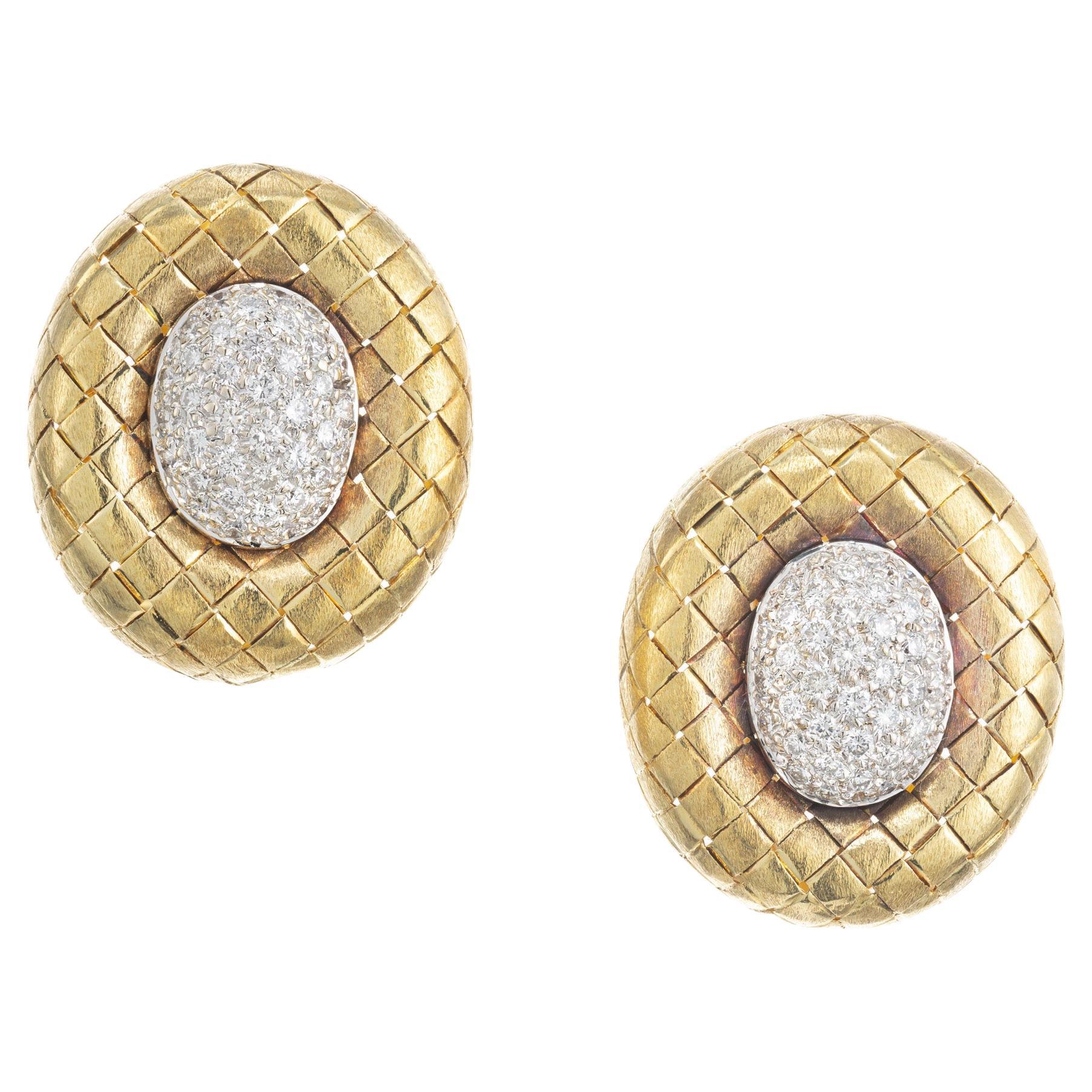 1.00 Carat Pave Round Diamond Gold Oval Button Lever Back Earrings  For Sale