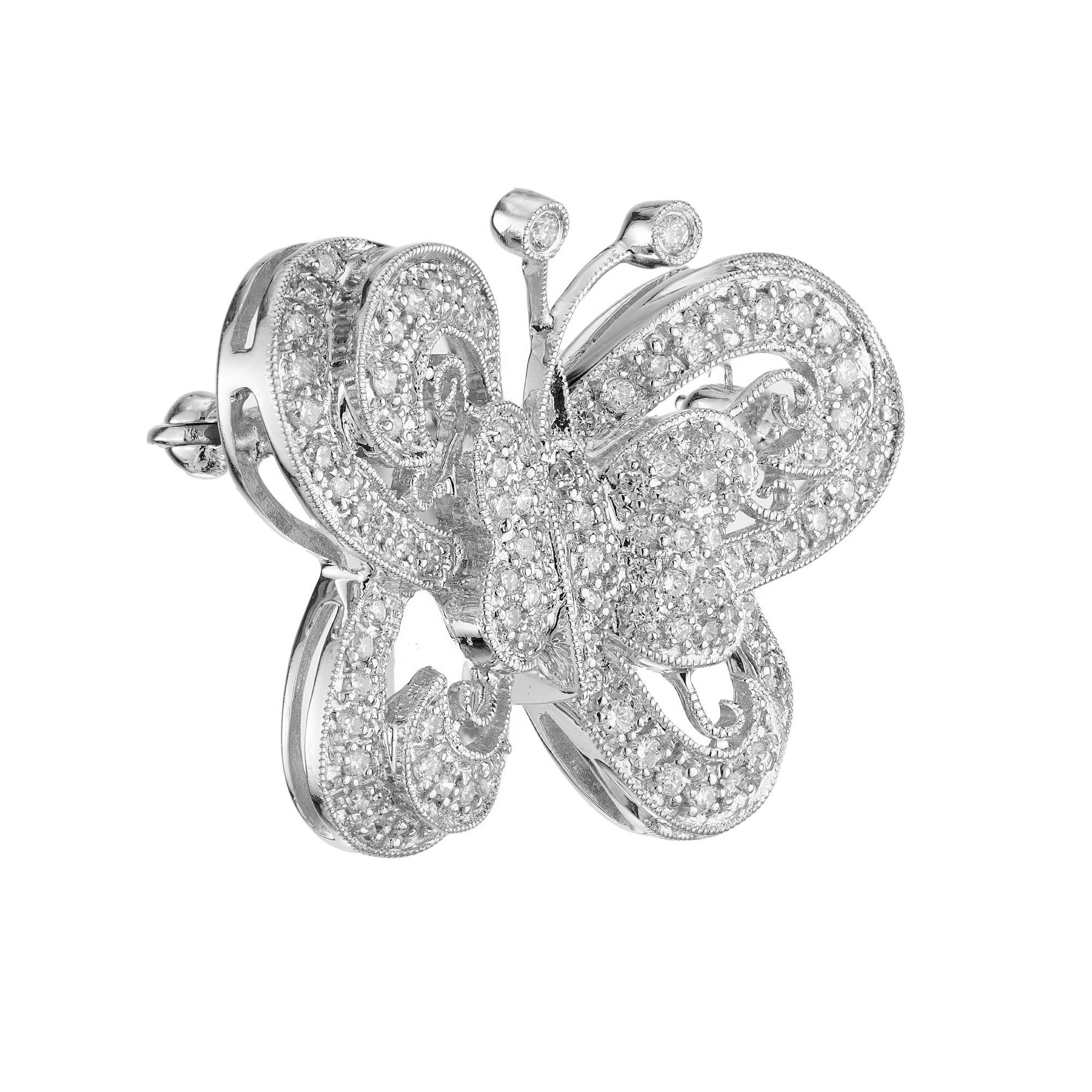 Round Cut 1.00 Carat Pave Round Diamond White Gold Butterfly Brooch For Sale