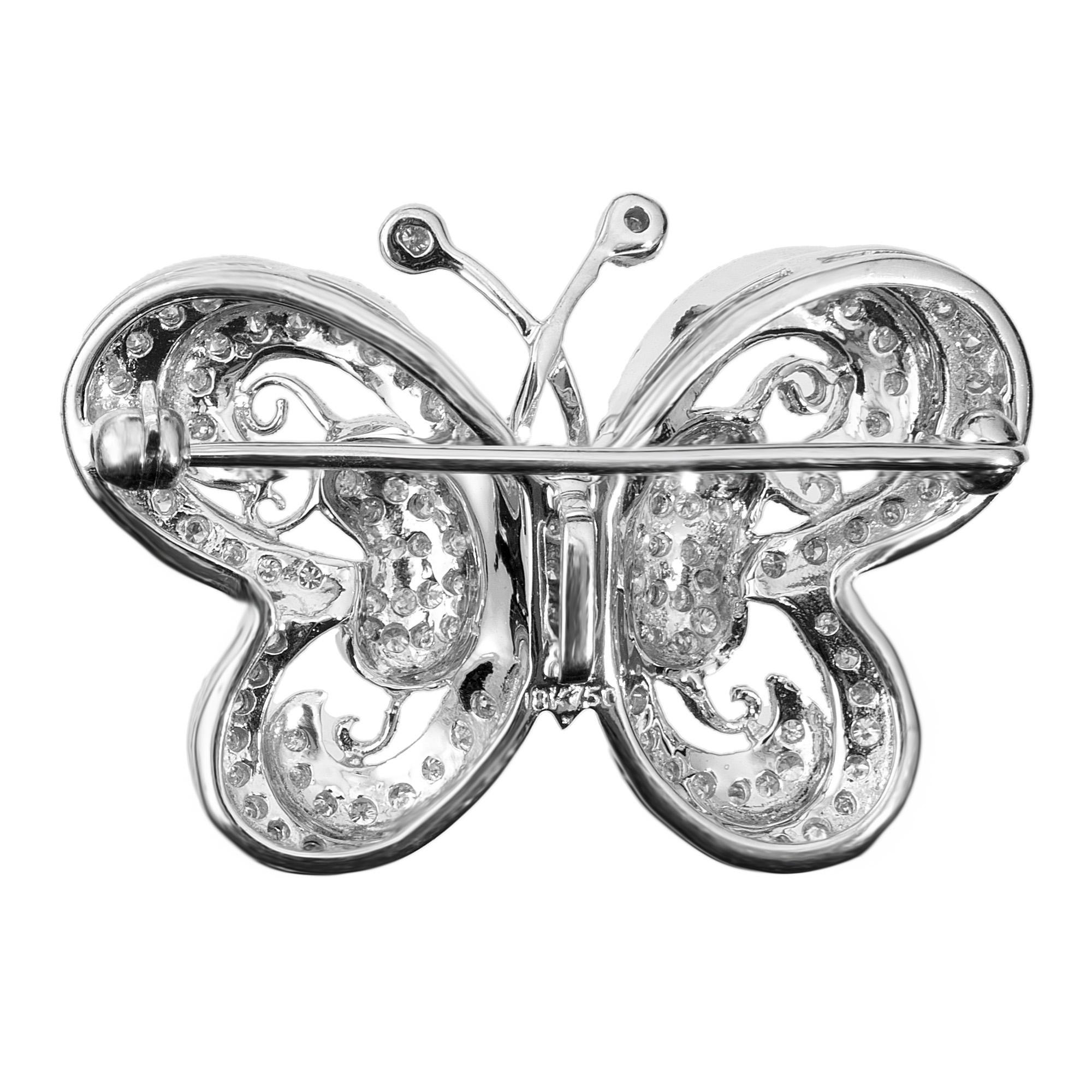 Women's 1.00 Carat Pave Round Diamond White Gold Butterfly Brooch For Sale