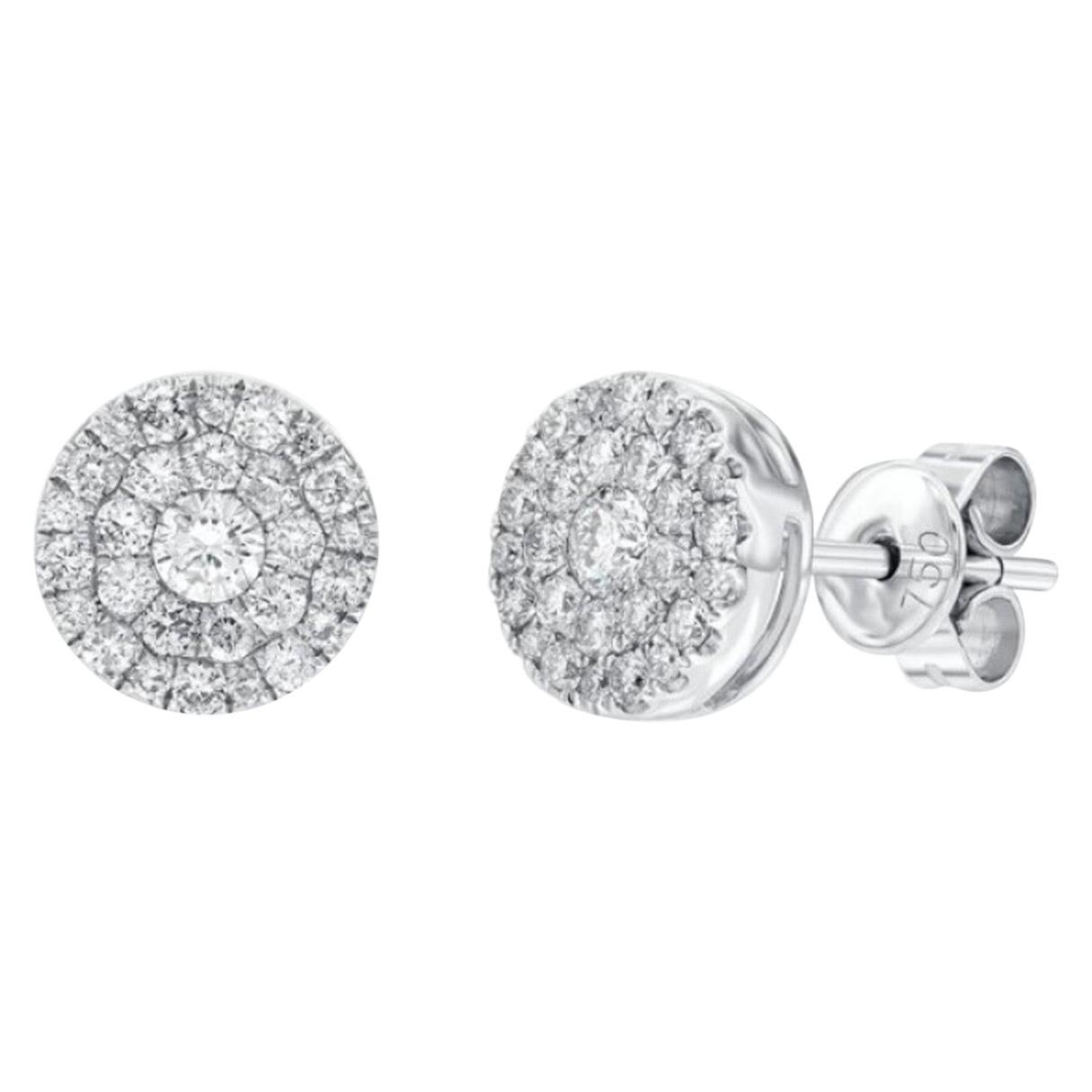 Clous d'oreilles en or 18 carats avec grappe de diamants blancs ronds sertis en pavé de 1,00 carat en vente