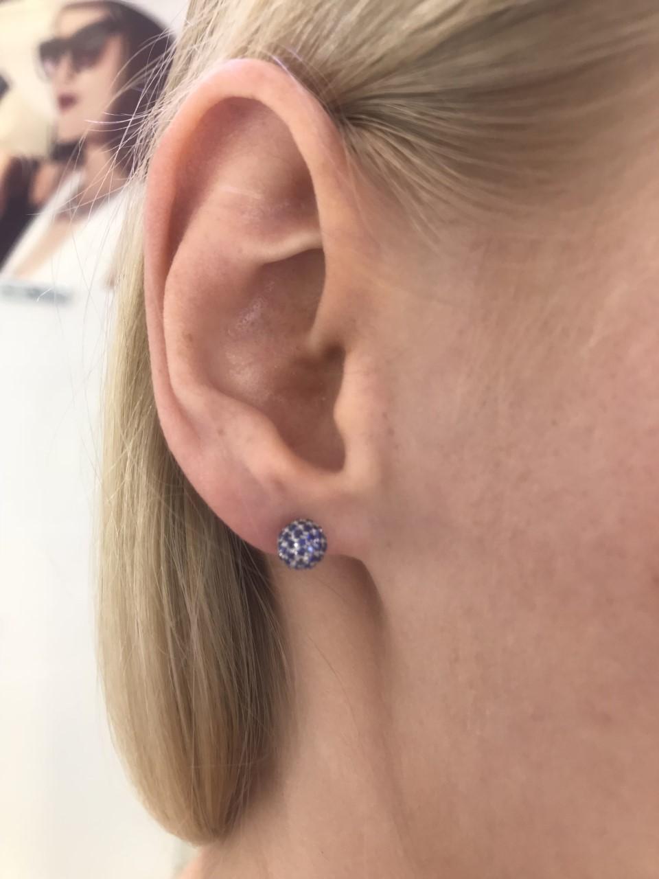 Round Cut 1.00 Carat Pave Set Round Blue Sapphire 18 Karat White Gold Earrings Disco Ball For Sale