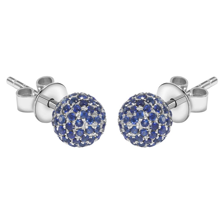 1.00 Carat Pave Set Round Blue Sapphire 18 Karat White Gold Earrings Disco  Ball For Sale at 1stDibs