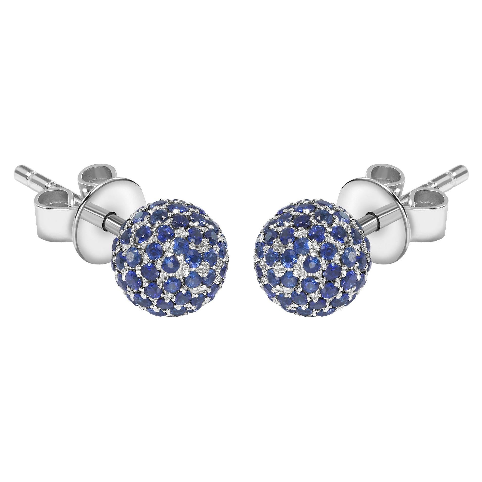 1.00 Carat Pave Set Round Blue Sapphire 18 Karat White Gold Earrings Disco Ball For Sale