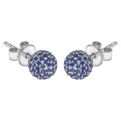 1,00 Carati Pave Set Zaffiro Blu Rotondo Orecchini in Oro Bianco 18 Carati Disco Ball