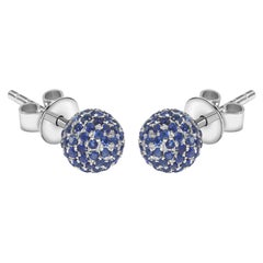 1.00 Carat Pave Set Round Blue Sapphire 18 Karat White Gold Earrings Disco Ball