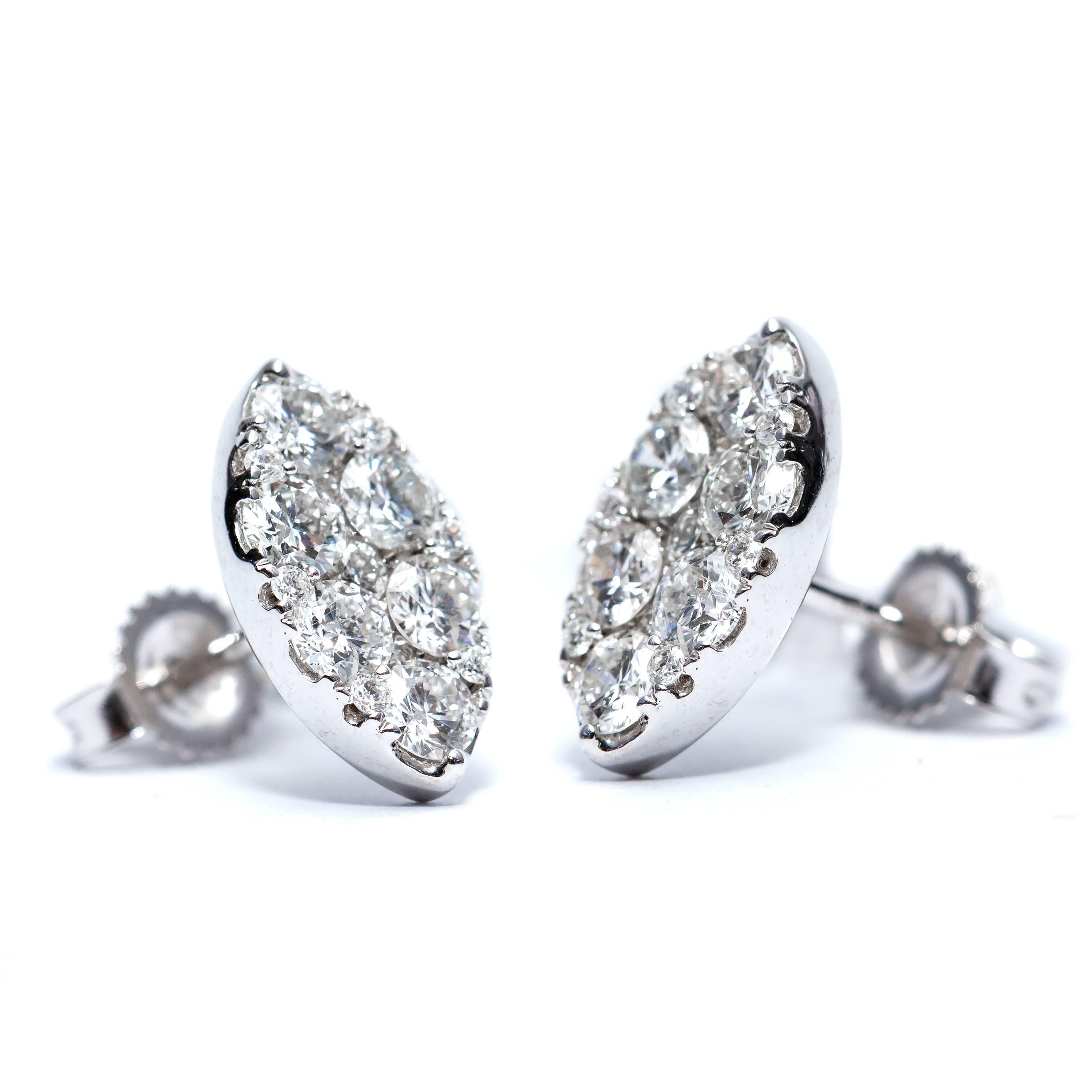 Marquise Cut 1.00 Carat Pave Set Round White Diamond Marquise 18KT Gold Cluster Stud Earrings
