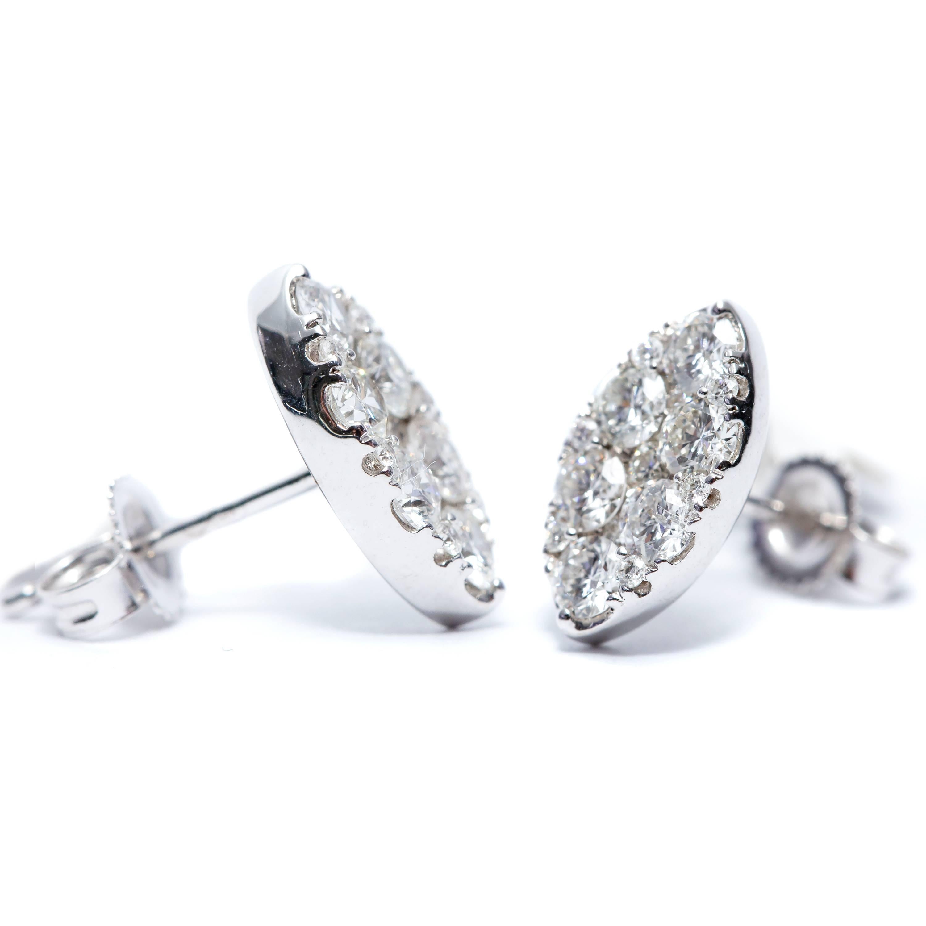 1.00 Carat Pave Set Round White Diamond Marquise 18KT Gold Cluster Stud Earrings In New Condition In London, GB
