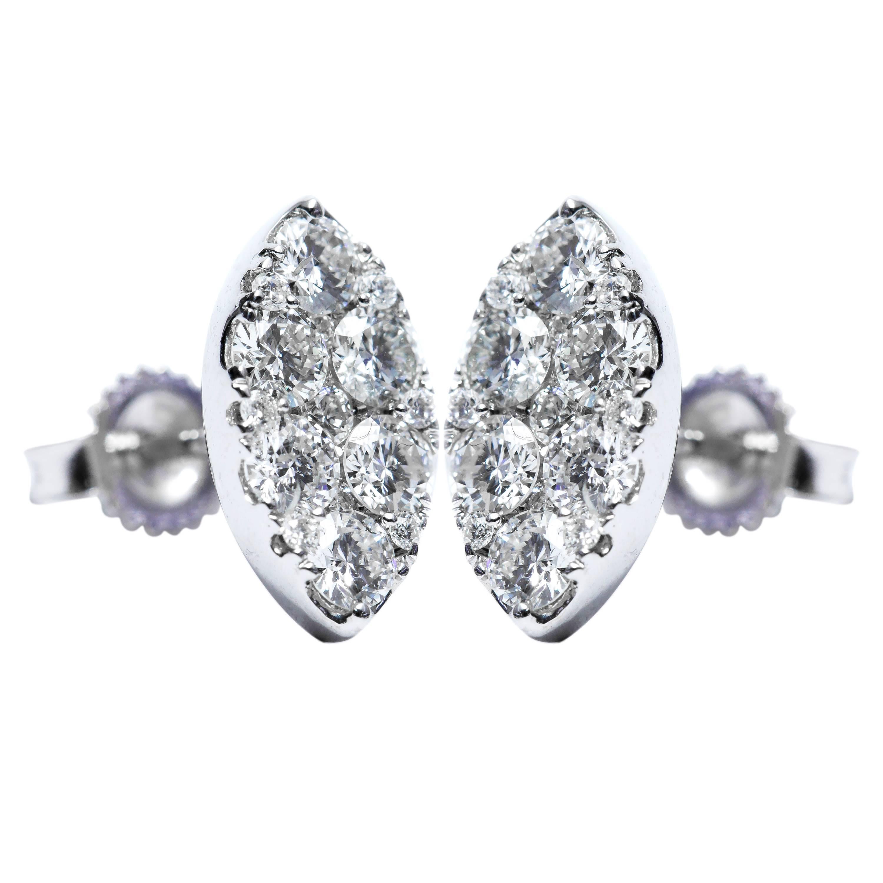 1.00 Carat Pave Set Round White Diamond Marquise 18KT Gold Cluster Stud Earrings