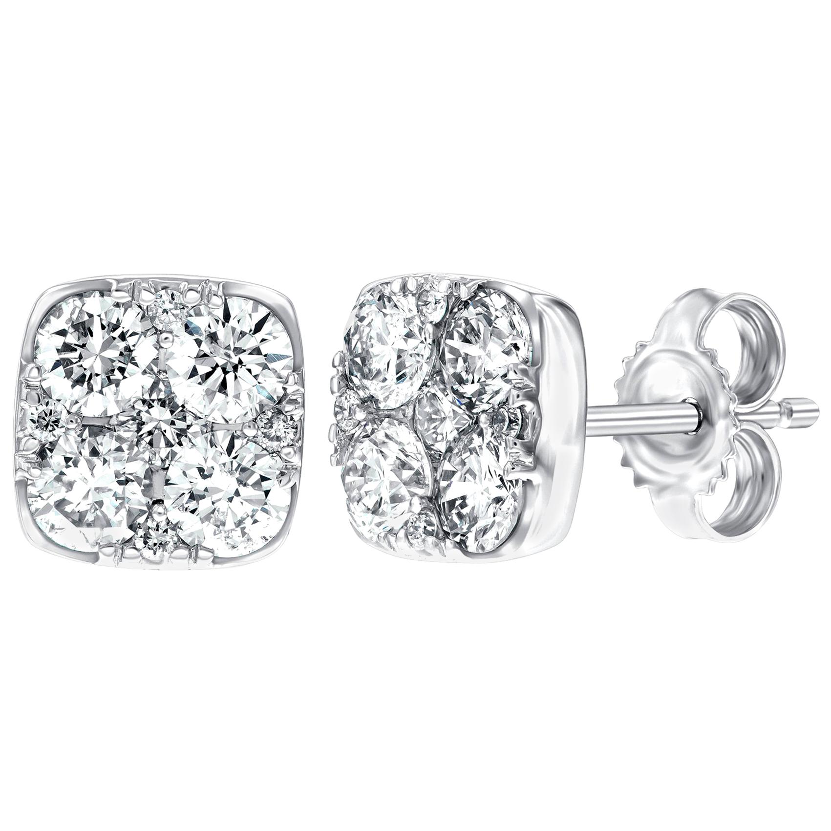 Clous d'oreilles en or blanc 18 carats avec diamants blancs ronds et carrés sertis en pavé de 1,00 carat