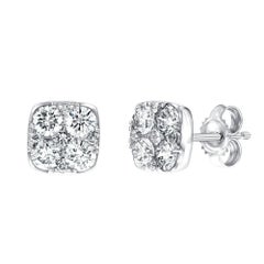 1.00 Carat Pave Set Round White Diamond Square 18Karat White Gold Stud Earrings