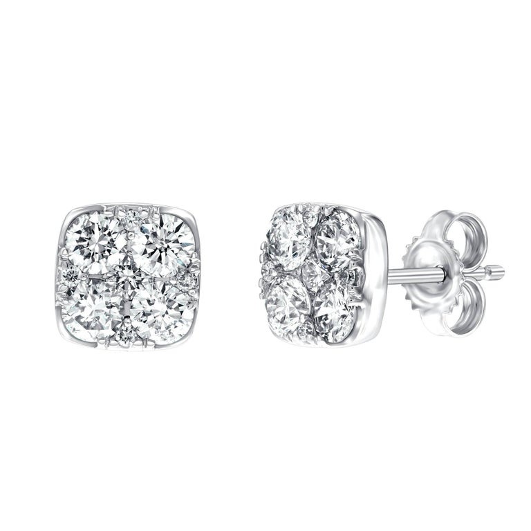 1.00 Carat Pave Set Round White Diamond Square 18Karat White Gold Stud