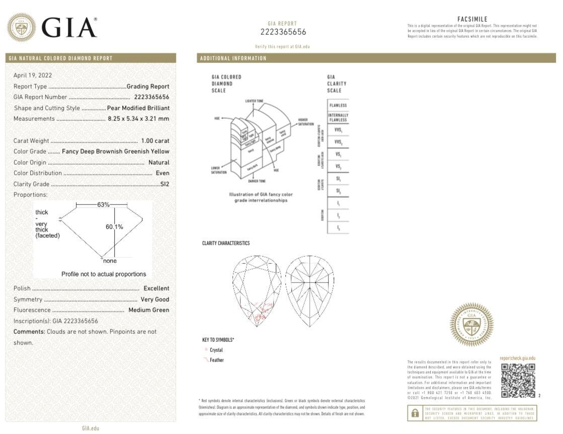 1.00 Carat Pear Brilliant Gia Certified Fancy Deep Brownish Greenish Yellow Si2 Bon état - En vente à New York, NY