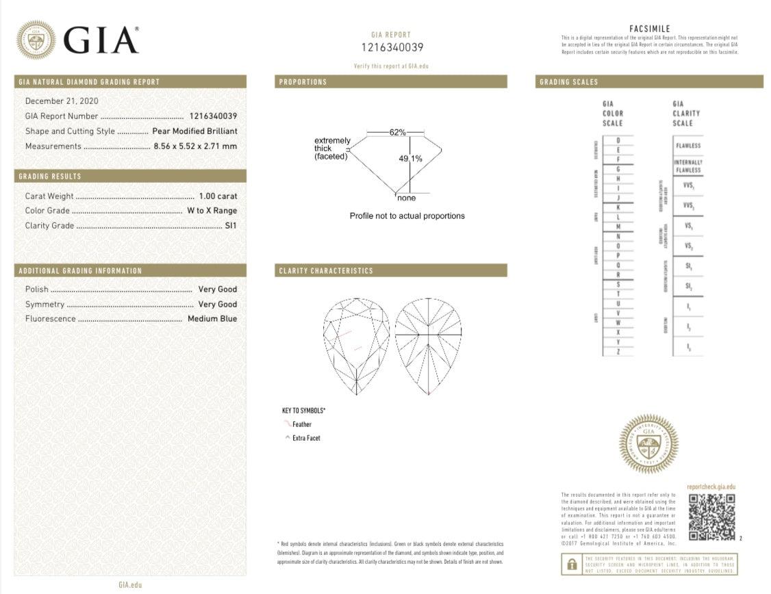 Taglio brillante 1,00 Carati Pear Brilliante Gia Certificato X Colore Si1 Chiarezza Diamante in vendita