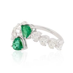 1.00 Carat Pear Natural Emerald Wrap Ring 2.30 Ct Heart Diamond 18k White Gold