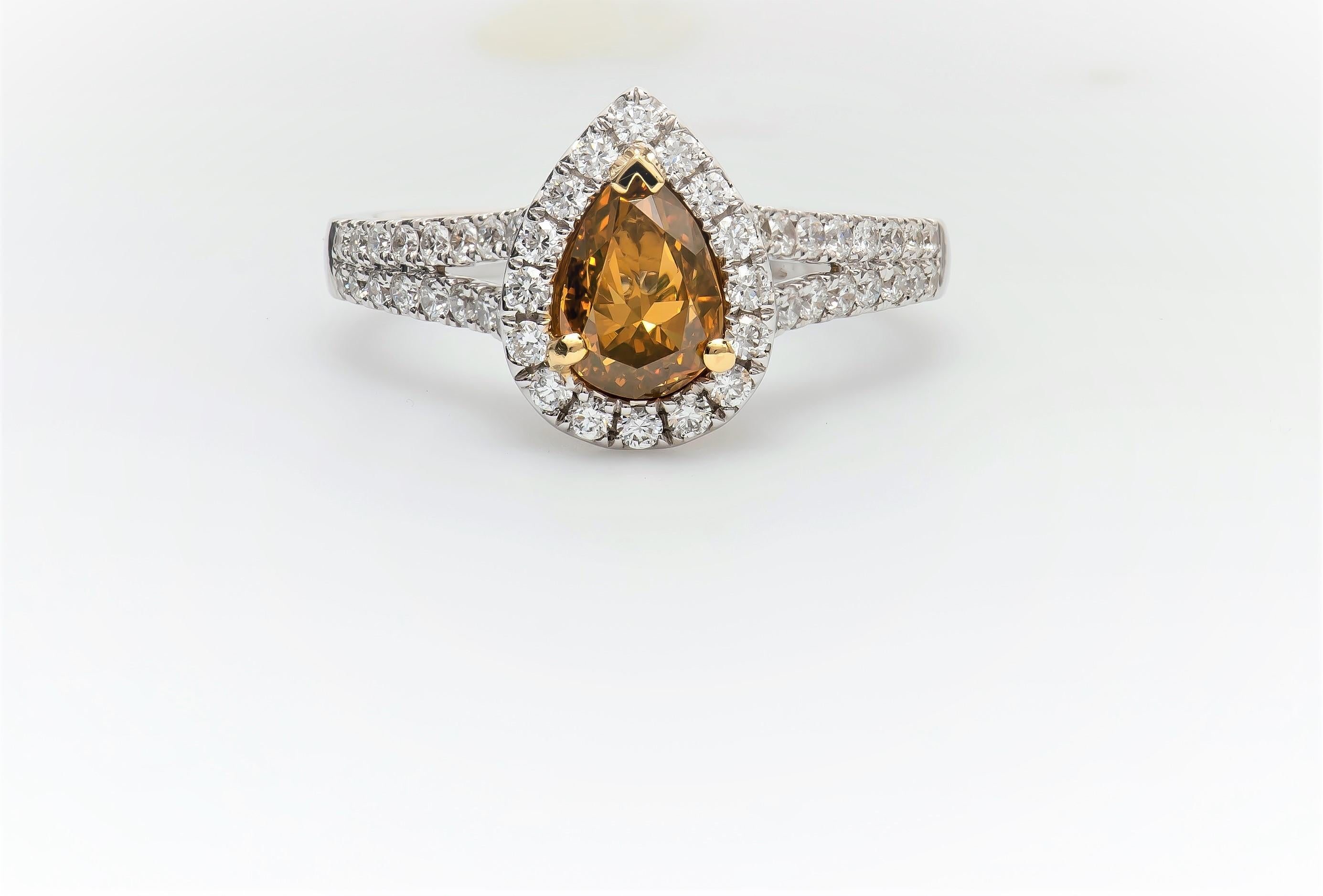 1,00 Karat Diamant-Verlobungsring in Birnenform, aus braunem, gelbem Diamant in der Mitte im Zustand „Neu“ im Angebot in Houston, TX
