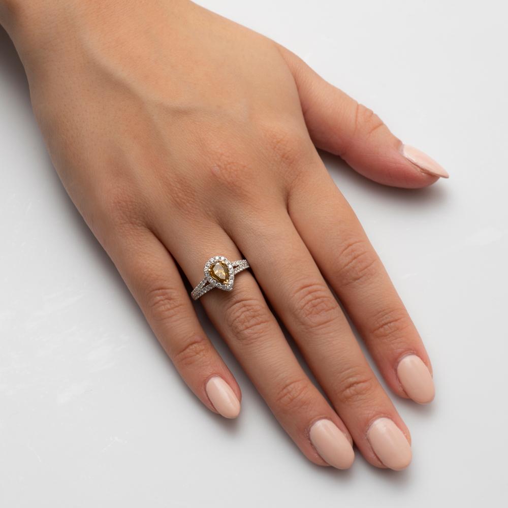 1,00 Karat Diamant-Verlobungsring in Birnenform, aus braunem, gelbem Diamant in der Mitte für Damen oder Herren im Angebot