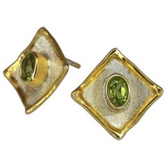 1.00 Carat Peridot Earrings in Fine Silver and 24 Karat Gold