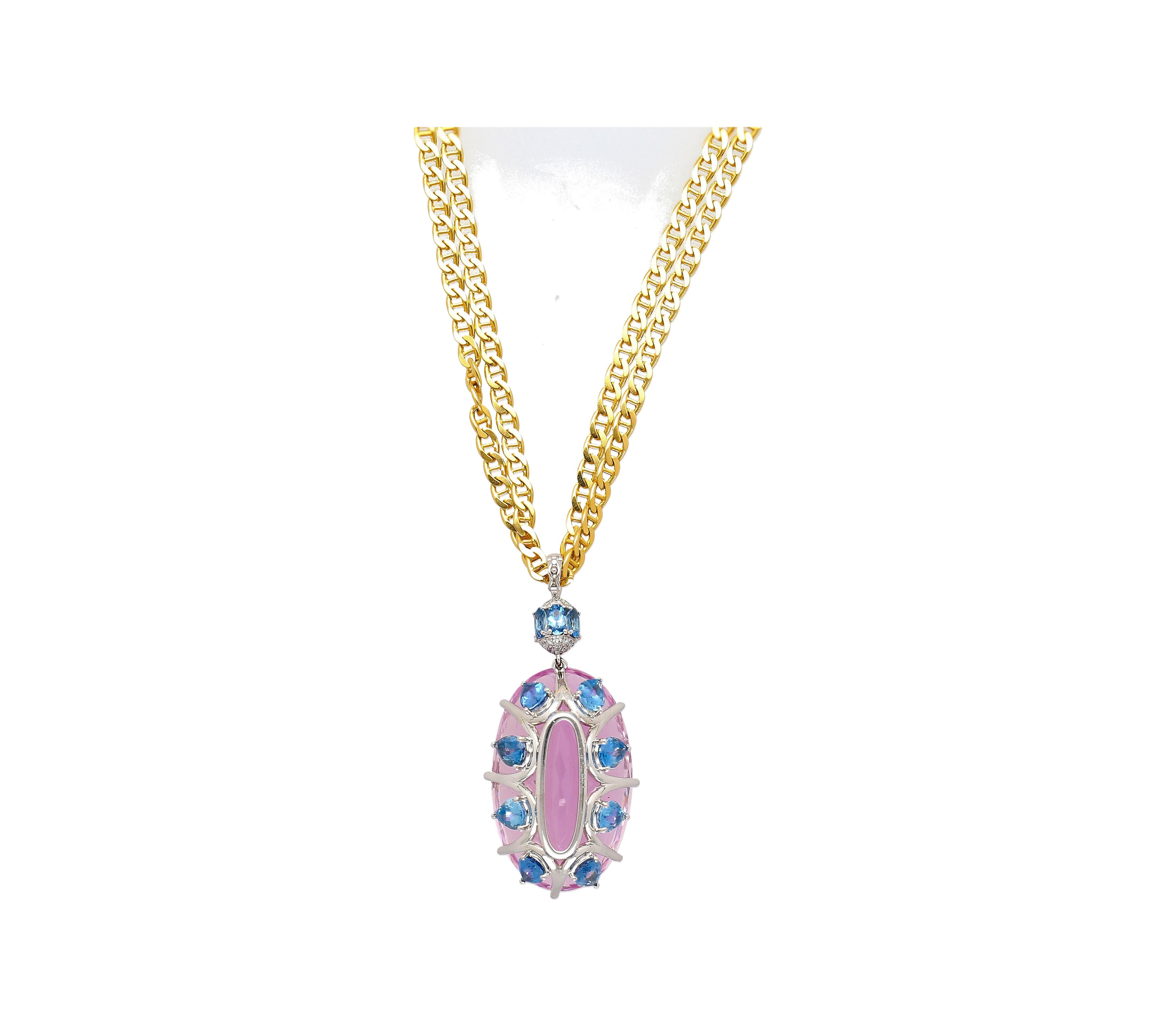 Art Deco 100 Carat Pink Kunzite with Aquamarine & Diamond Pendant in 18K White Gold For Sale