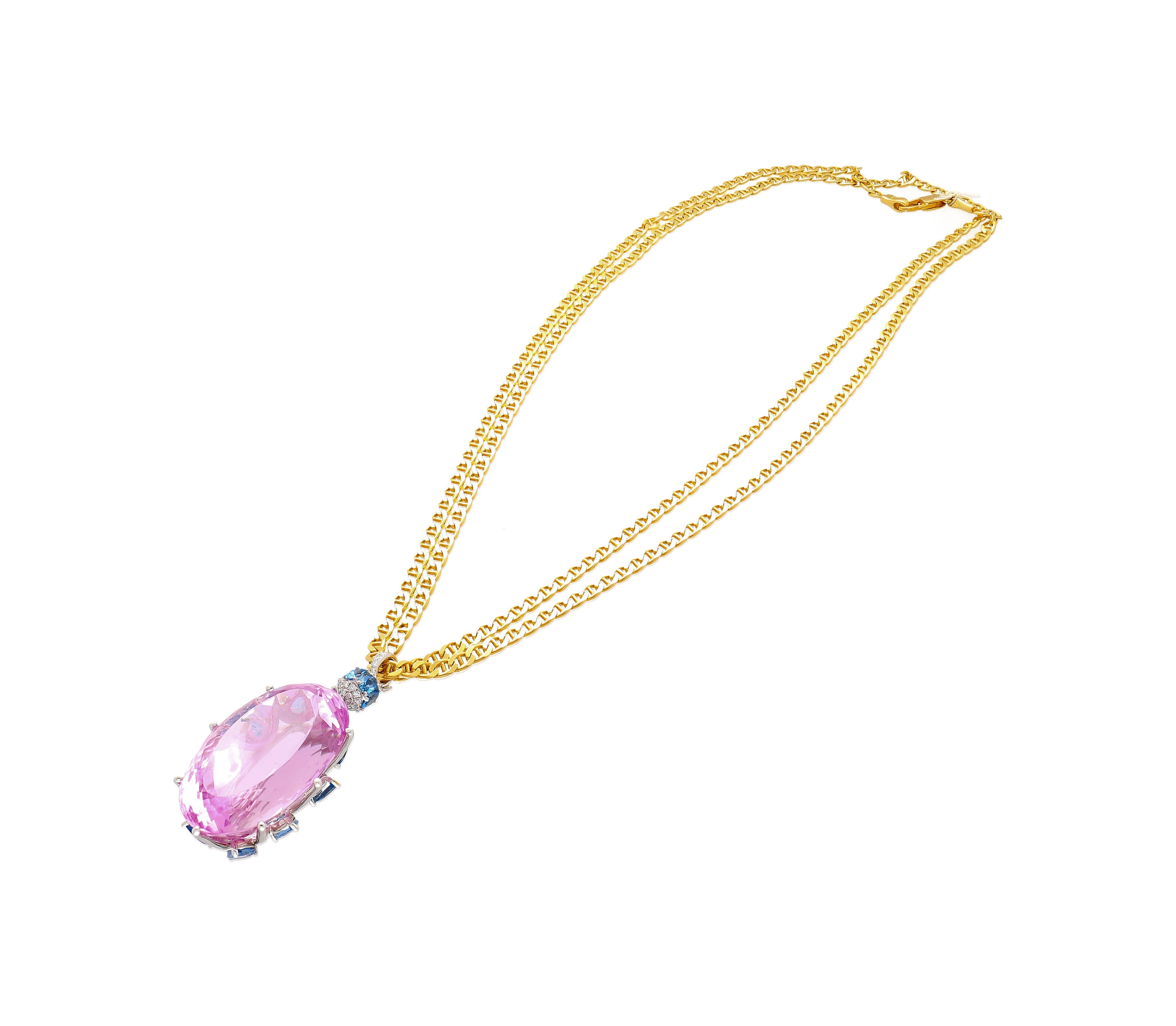 Oval Cut 100 Carat Pink Kunzite with Aquamarine & Diamond Pendant in 18K White Gold For Sale