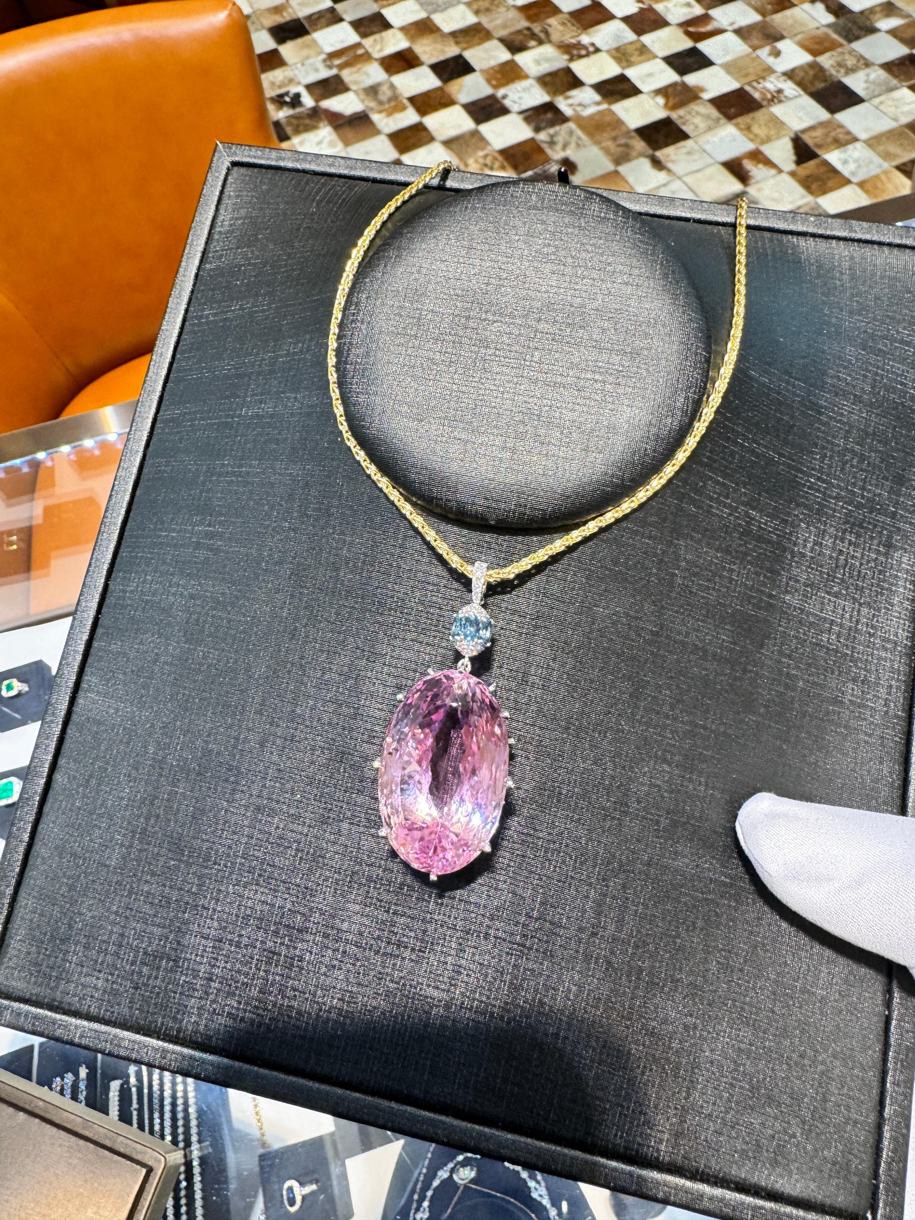 100 Carat Pink Kunzite with Aquamarine & Diamond Pendant in 18K White Gold In New Condition For Sale In Miami, FL