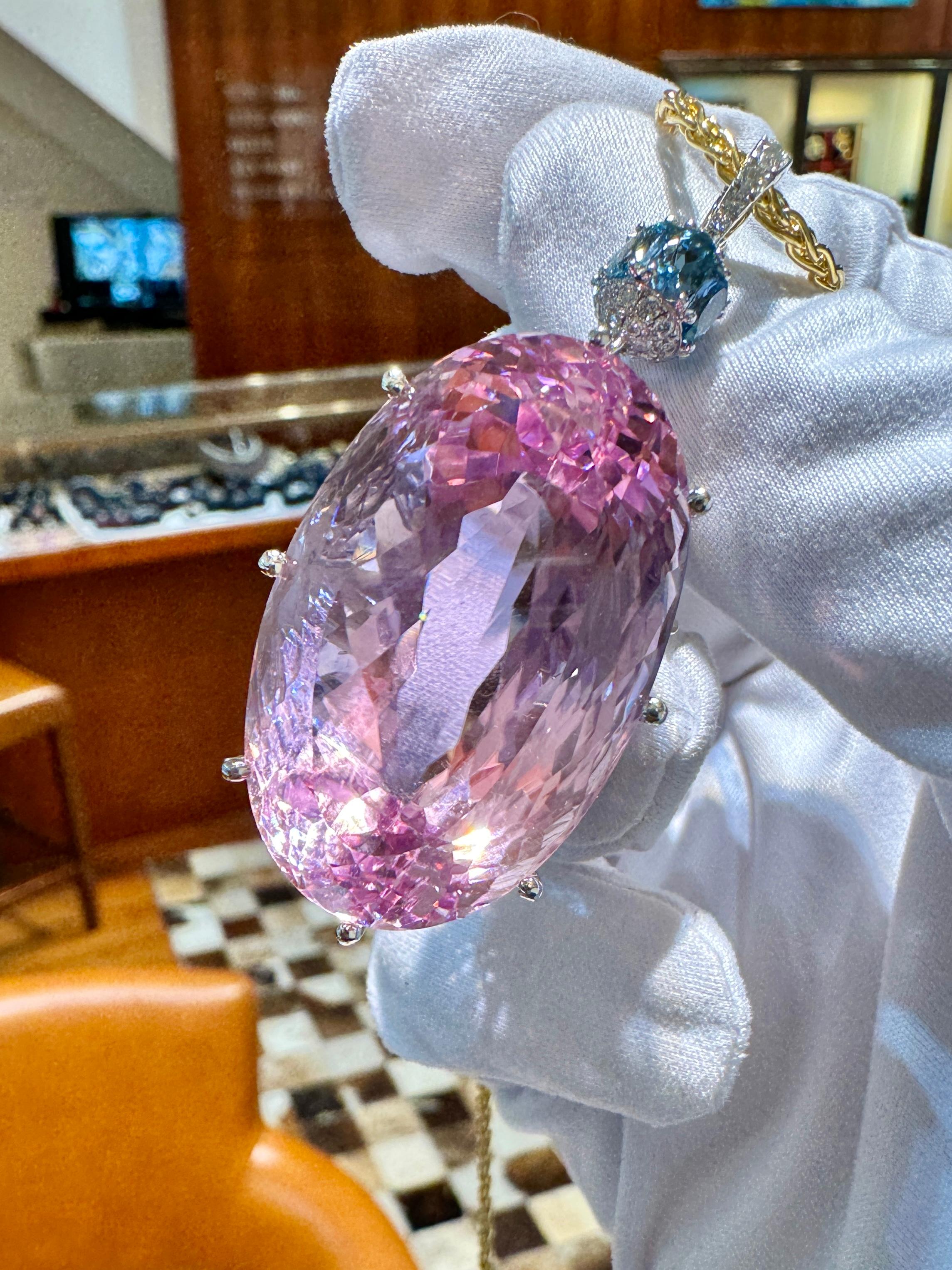 Women's 100 Carat Pink Kunzite with Aquamarine & Diamond Pendant in 18K White Gold For Sale