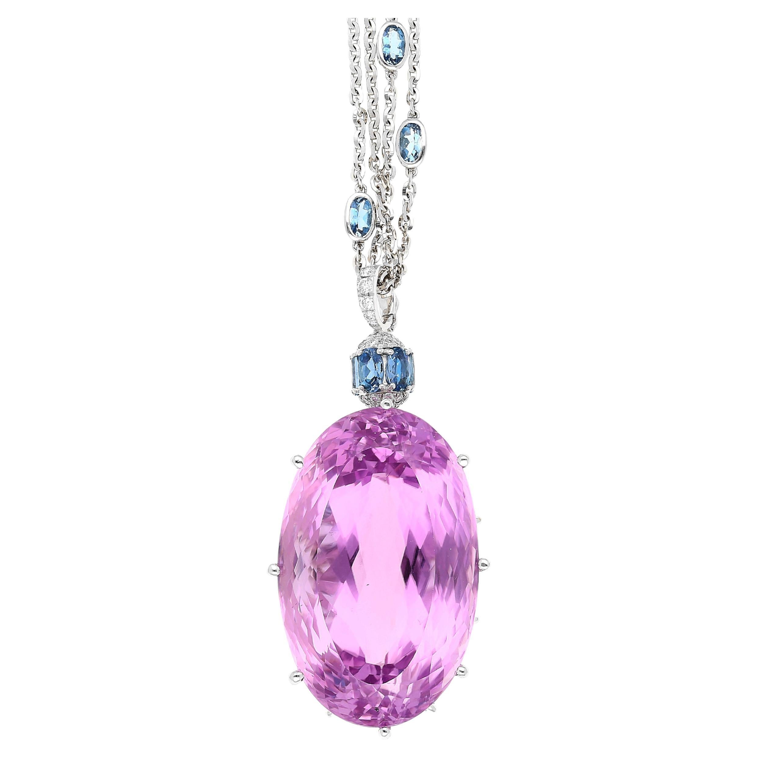 100 Carat Pink Kunzite with Aquamarine & Diamond Pendant in 18K White Gold