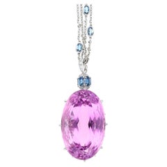 100 Carat Pink Kunzite with Aquamarine & Diamond Pendant in 18K White Gold