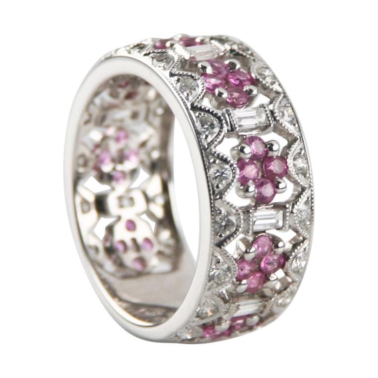 1.00 Carat Pink Sapphire and Diamond Band Ring in White Gold