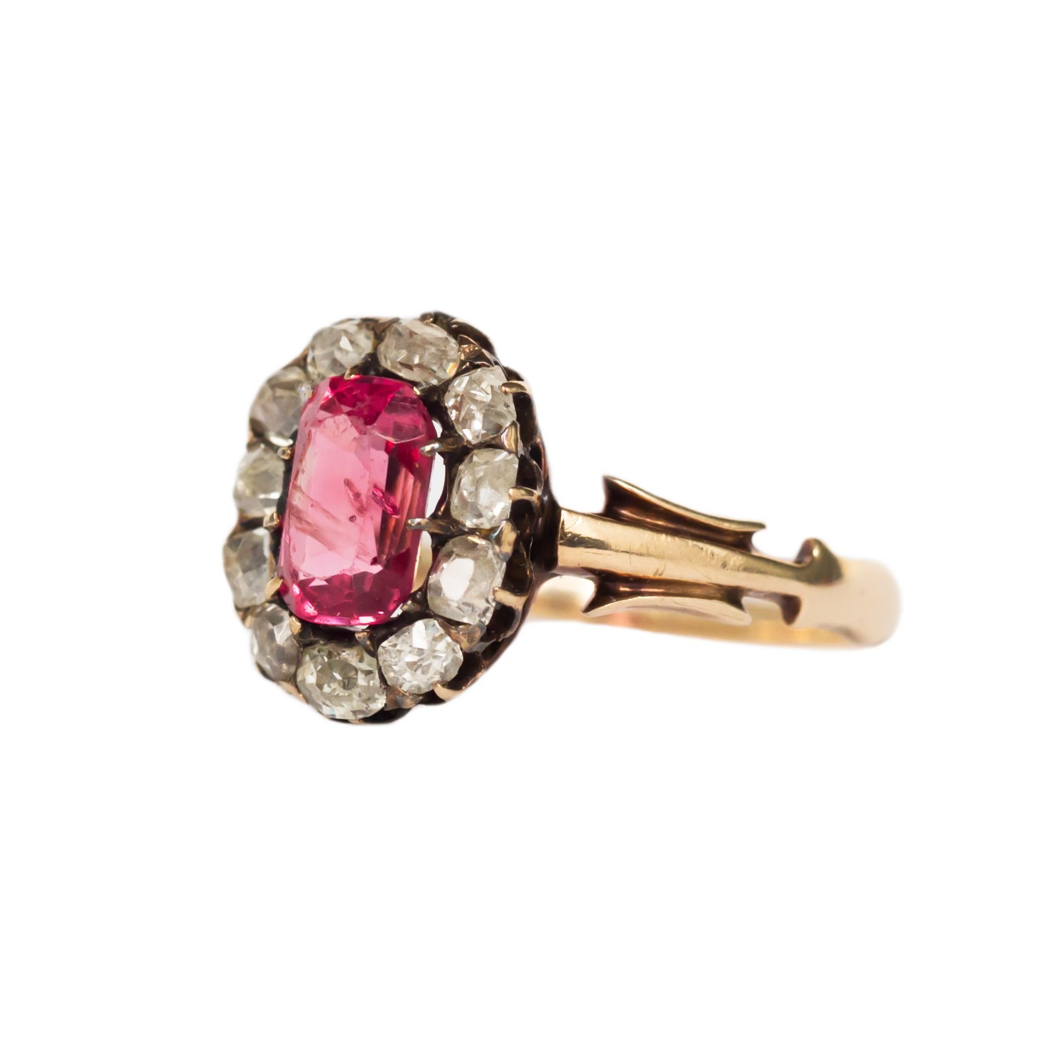 Ring Size: 6.5
Metal Type: 14 karat Yellow Gold 
Weight: 3.2 grams

Color Stone Details: 
Type: Natural Pink Spinel 
Shape: Antique Cushion
Carat Weight: 1.00 carat
Color: Intense Pink
(LIGHT INCLUSIONS)

Side Stone Details: 
Shape: Antique Cushion