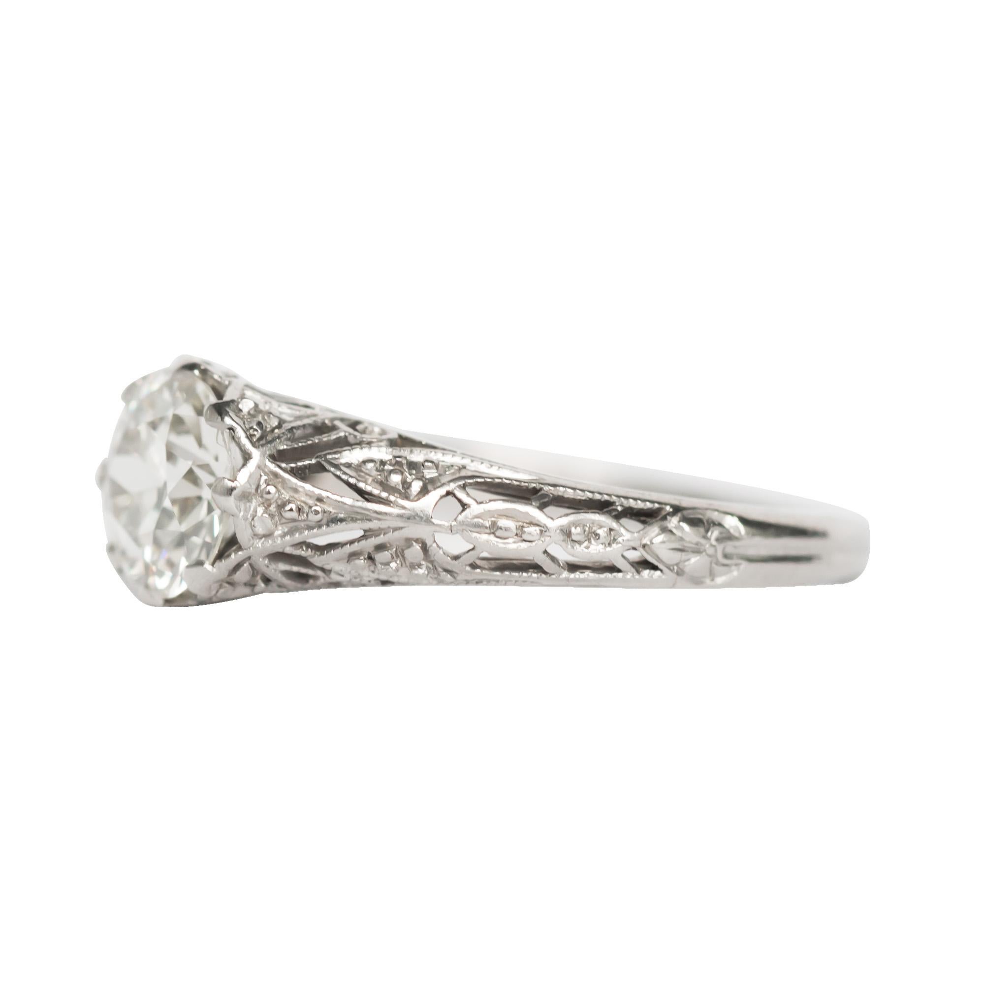 Ring Size: 6.5
Metal Type: Platinum
Weight: 3.3 grams

Center Diamond Details
Shape: Old European Brilliant 
Carat Weight: 1.00 carat
Color: J
Clarity: VS1

Finger to Top of Stone Measurement: 5.55mm