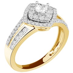 1.00 Carat Princess Centre and Round Halo Certified Diamond Ring 14 Karat Yellow