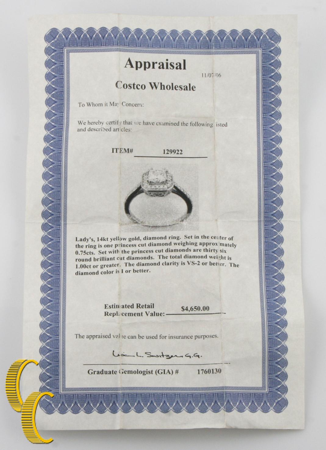 1.00 Carat Princess Cut Diamond Halo 14 Karat Yellow Gold Engagement Ring For Sale 1