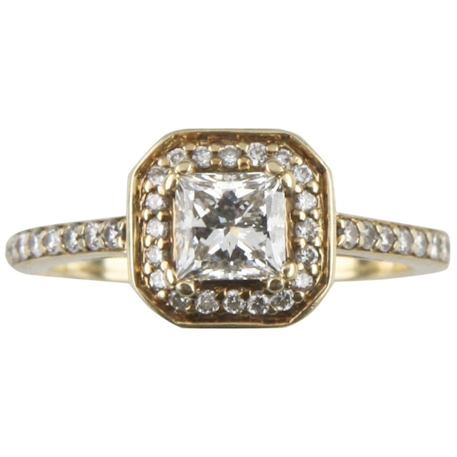 1.00 Carat Princess Cut Diamond Halo 14 Karat Yellow Gold Engagement Ring For Sale